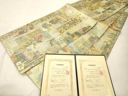 平和屋本店▼西陣あさぎ　両面　全通全景柄袋帯　近代花鳥画　日本美術名鑑　24金プラチナ三重箔　分析通知書付き　正絹　逸品　CABL4592dy