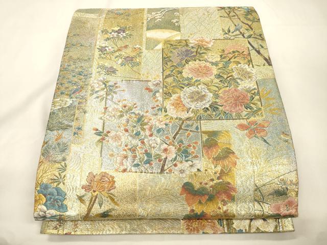 平和屋本店▼西陣あさぎ　両面　全通全景柄袋帯　近代花鳥画　日本美術名鑑　24金プラチナ三重箔　分析通知書付き　正絹　逸品　CABL4592dy