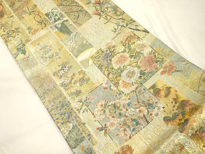 平和屋本店▼西陣あさぎ　両面　全通全景柄袋帯　近代花鳥画　日本美術名鑑　24金プラチナ三重箔　分析通知書付き　正絹　逸品　CABL4592dy