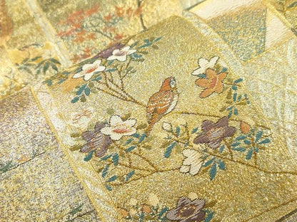 平和屋本店▼西陣あさぎ　両面　全通全景柄袋帯　近代花鳥画　日本美術名鑑　24金プラチナ三重箔　分析通知書付き　正絹　逸品　CABL4592dy
