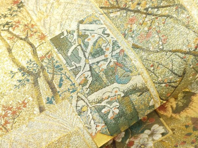 平和屋本店▼西陣あさぎ　両面　全通全景柄袋帯　近代花鳥画　日本美術名鑑　24金プラチナ三重箔　分析通知書付き　正絹　逸品　CABL4592dy