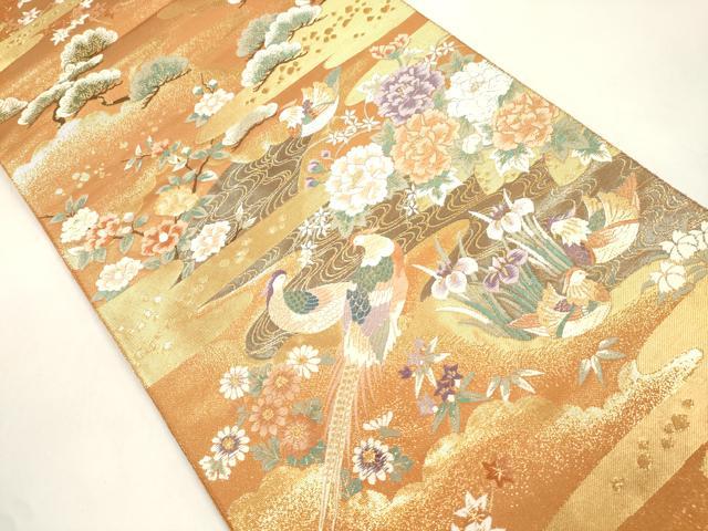 平和屋本店▼六通柄袋帯　唐織　尾長鳥花文　本金箔　正絹　逸品　CABL4597dy