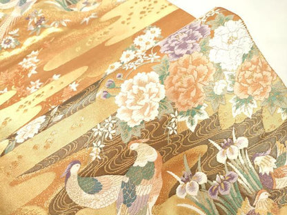 平和屋本店▼六通柄袋帯　唐織　尾長鳥花文　本金箔　正絹　逸品　CABL4597dy