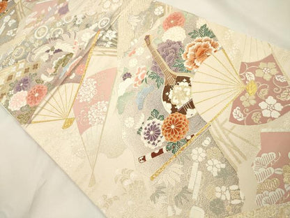 平和屋本店▼六通柄袋帯　九百錦　唐織　吉兆扇面文　純金箔二重織　正絹　逸品　CABL4598dy