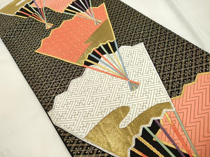 平和屋本店▼六通柄袋帯　優美錦　扇面文　黒地　本金銀二重箔　正絹　逸品　CABL4606dy