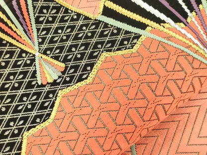 平和屋本店▼六通柄袋帯　優美錦　扇面文　黒地　本金銀二重箔　正絹　逸品　CABL4606dy