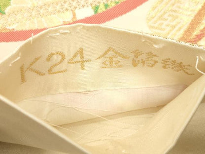 平和屋本店▼六通柄袋帯　片輪車花文　K24金箔織　正絹　逸品　CABL4614dy
