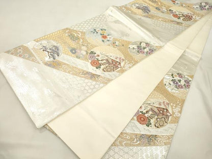 平和屋本店▼六通柄袋帯　春秋花丸文　九百本金弐重織　正絹　逸品　CABL4619dy