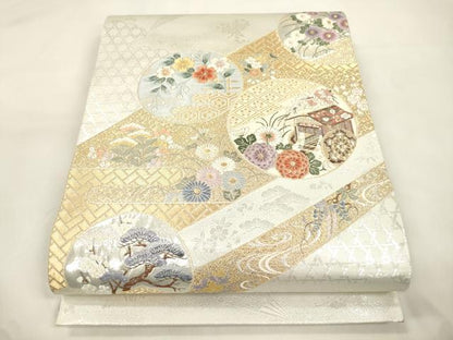 平和屋本店▼六通柄袋帯　春秋花丸文　九百本金弐重織　正絹　逸品　CABL4619dy