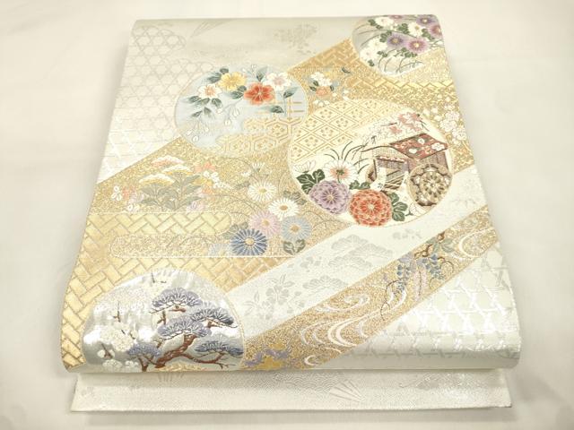 平和屋本店▼六通柄袋帯　春秋花丸文　九百本金弐重織　正絹　逸品　CABL4619dy