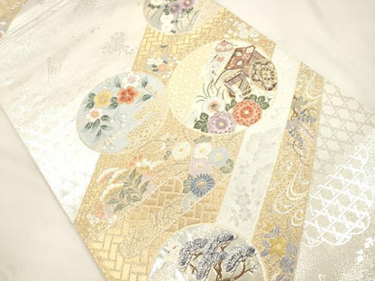平和屋本店▼六通柄袋帯　春秋花丸文　九百本金弐重織　正絹　逸品　CABL4619dy