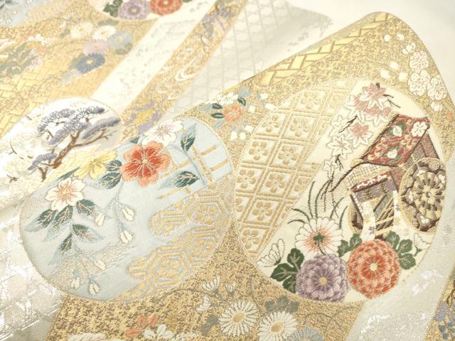 平和屋本店▼六通柄袋帯　春秋花丸文　九百本金弐重織　正絹　逸品　CABL4619dy