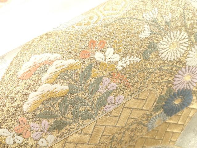 平和屋本店▼六通柄袋帯　春秋花丸文　九百本金弐重織　正絹　逸品　CABL4619dy