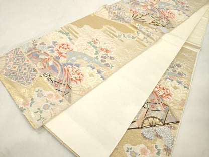 平和屋本店▼六通柄袋帯　唐織　扇面花鳥文　九百錦24K本金箔　正絹　逸品　CABL4635dy