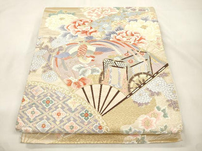 平和屋本店▼六通柄袋帯　唐織　扇面花鳥文　九百錦24K本金箔　正絹　逸品　CABL4635dy