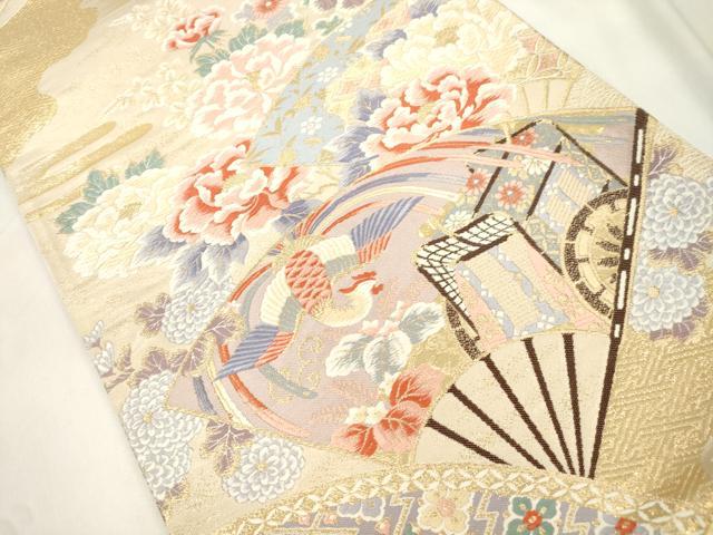 平和屋本店▼六通柄袋帯　唐織　扇面花鳥文　九百錦24K本金箔　正絹　逸品　CABL4635dy
