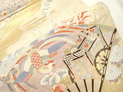 平和屋本店▼六通柄袋帯　唐織　扇面花鳥文　九百錦24K本金箔　正絹　逸品　CABL4635dy
