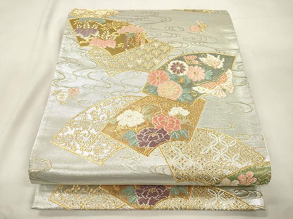平和屋本店▼六通柄袋帯　唐織　扇面流水文　本金箔　正絹　逸品　CABL4639dy