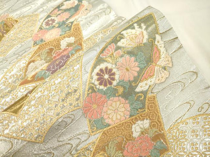平和屋本店▼六通柄袋帯　唐織　扇面流水文　本金箔　正絹　逸品　CABL4639dy