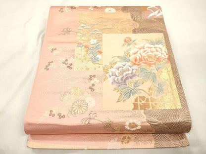 平和屋本店▼六通柄袋帯　唐織　正倉院色紙文　本金二重箔　正絹　逸品　CABL4642dy