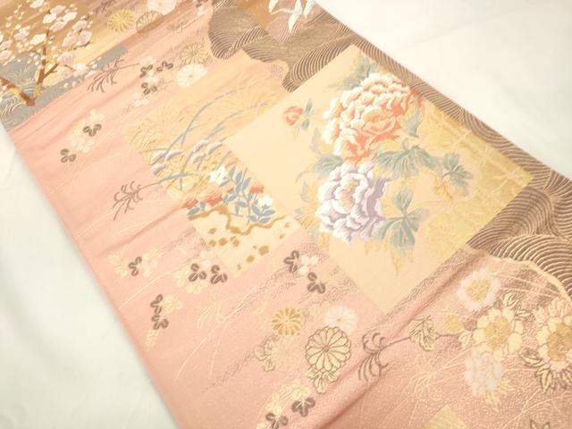 平和屋本店▼六通柄袋帯　唐織　正倉院色紙文　本金二重箔　正絹　逸品　CABL4642dy