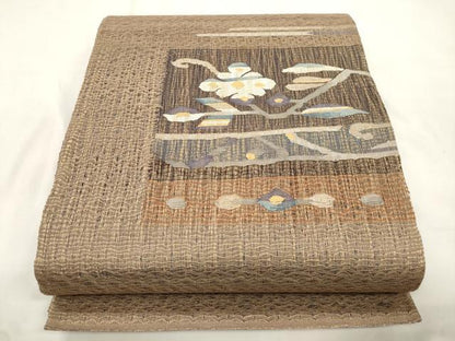 平和屋着物▽太鼓柄袋帯　スリーシーズン　春夏秋　草花文　金糸　正絹　逸品　未使用　CABL4700dy