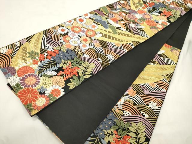平和屋着物●六通柄袋帯　唐織　渡船花鳥文　黒地　金糸　正絹　逸品　CABL4706dy