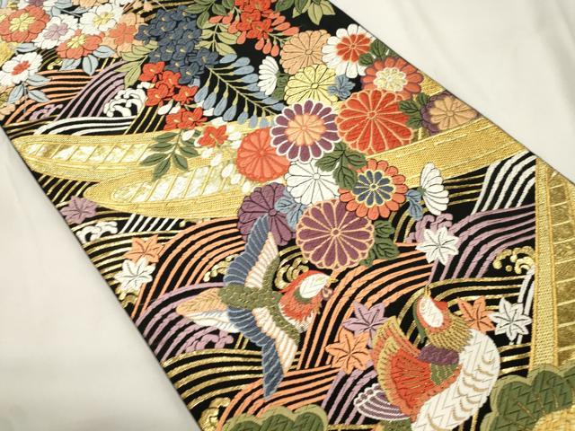 平和屋着物●六通柄袋帯　唐織　渡船花鳥文　黒地　金糸　正絹　逸品　CABL4706dy