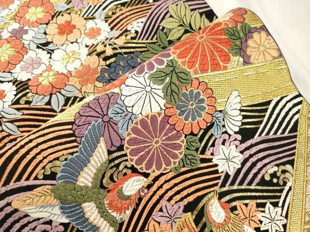 平和屋着物●六通柄袋帯　唐織　渡船花鳥文　黒地　金糸　正絹　逸品　CABL4706dy