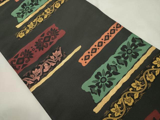 平和屋着物▼六通柄　京袋帯　草花文　黒地　金糸　CABL4709dy