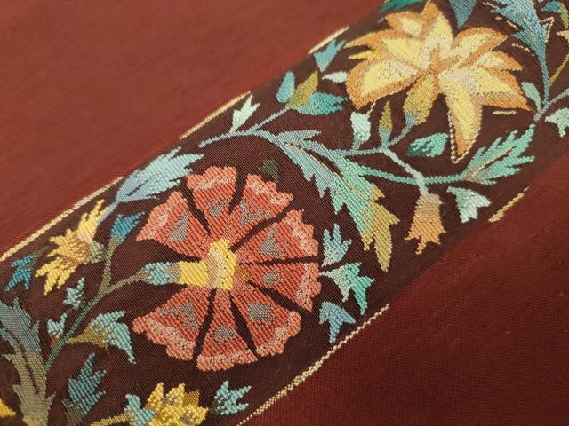 平和屋着物●太鼓柄袋帯　すくい織　草花文　金糸　正絹　逸品　CABL4713dy