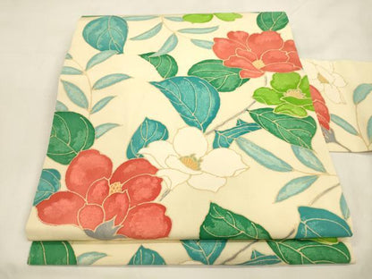 平和屋着物●塩瀬　全通柄九寸名古屋帯　草花文　正絹　逸品　CABL4719dy