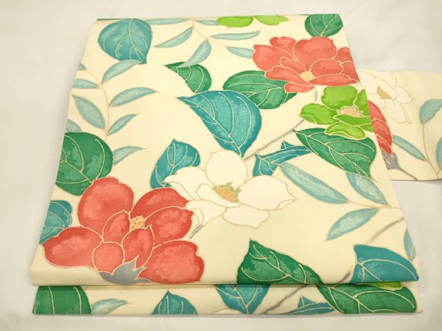平和屋着物●塩瀬　全通柄九寸名古屋帯　草花文　正絹　逸品　CABL4719dy
