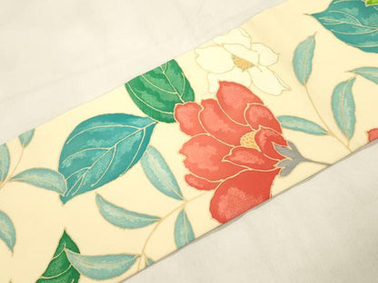 平和屋着物●塩瀬　全通柄九寸名古屋帯　草花文　正絹　逸品　CABL4719dy