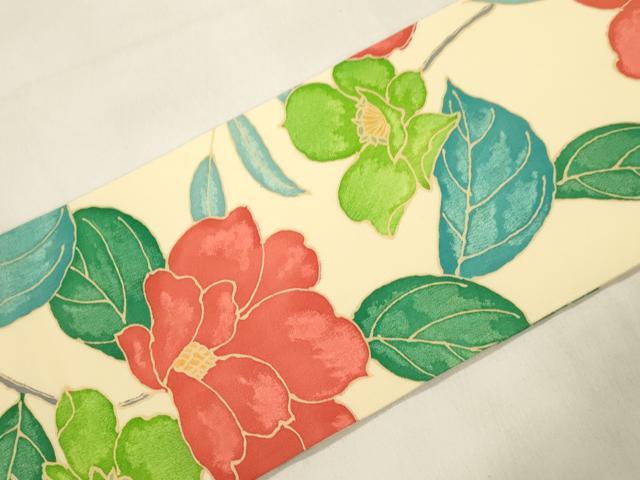 平和屋着物●塩瀬　全通柄九寸名古屋帯　草花文　正絹　逸品　CABL4719dy