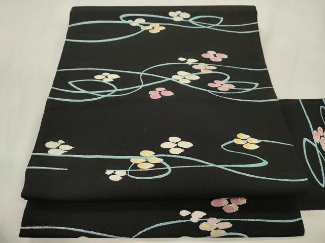 平和屋着物●全通柄九寸名古屋帯　舞花文　黒地　金彩　正絹　逸品　CABL4721dy