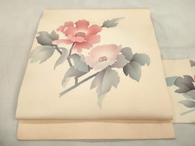 平和屋着物●塩瀬　九寸名古屋帯　作家物　ろうけつ染め　草花文　正絹　逸品　CABL4722dy