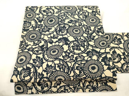 平和屋着物▼全通柄九寸名古屋帯　藍　型染め　菊唐草文　正絹　逸品　CABL4732dy