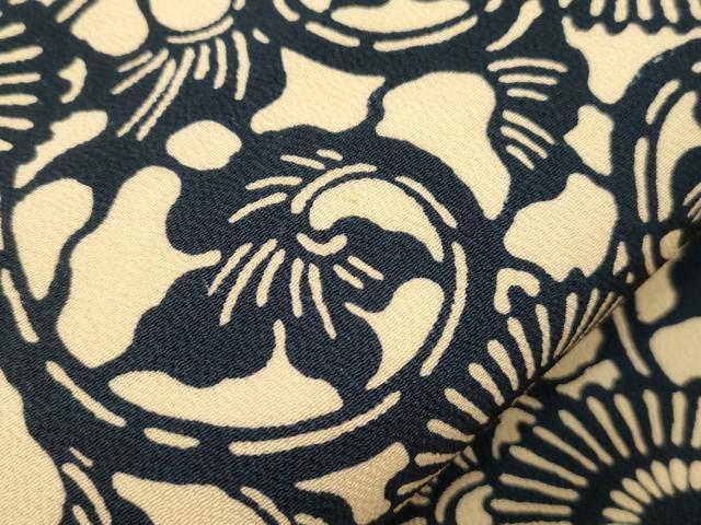 平和屋着物▼全通柄九寸名古屋帯　藍　型染め　菊唐草文　正絹　逸品　CABL4732dy