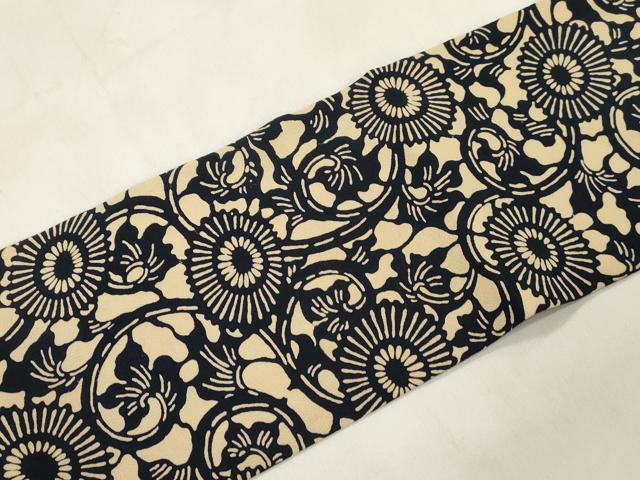 平和屋着物▼全通柄九寸名古屋帯　藍　型染め　菊唐草文　正絹　逸品　CABL4732dy