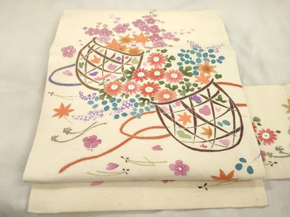 平和屋着物▼九寸名古屋帯　花籠文　金彩　正絹　逸品　CABL4733dy