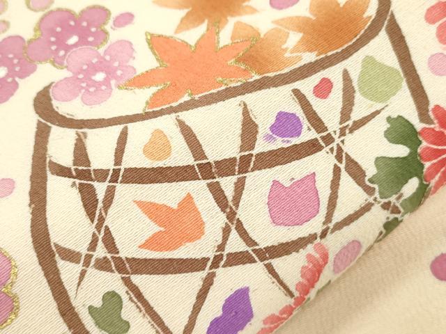 平和屋着物▼九寸名古屋帯　花籠文　金彩　正絹　逸品　CABL4733dy