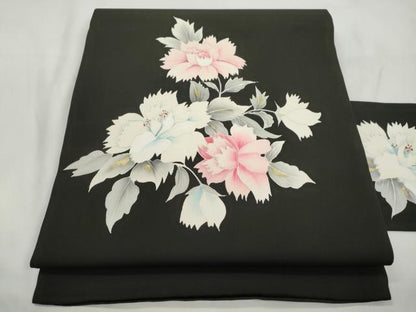 平和屋着物▼塩瀬　九寸名古屋帯　手描き　草花文　黒地　金彩　正絹　逸品　CABL4734dy