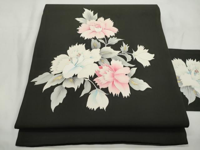 平和屋着物▼塩瀬　九寸名古屋帯　手描き　草花文　黒地　金彩　正絹　逸品　CABL4734dy