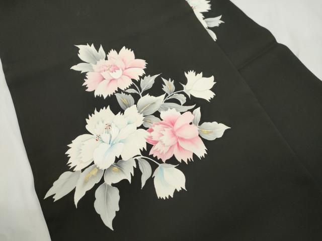 平和屋着物▼塩瀬　九寸名古屋帯　手描き　草花文　黒地　金彩　正絹　逸品　CABL4734dy