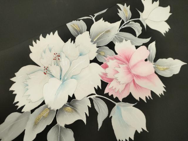 平和屋着物▼塩瀬　九寸名古屋帯　手描き　草花文　黒地　金彩　正絹　逸品　CABL4734dy