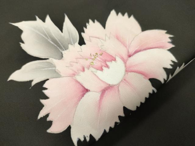平和屋着物▼塩瀬　九寸名古屋帯　手描き　草花文　黒地　金彩　正絹　逸品　CABL4734dy