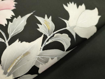 平和屋着物▼塩瀬　九寸名古屋帯　手描き　草花文　黒地　金彩　正絹　逸品　CABL4734dy