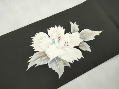 平和屋着物▼塩瀬　九寸名古屋帯　手描き　草花文　黒地　金彩　正絹　逸品　CABL4734dy