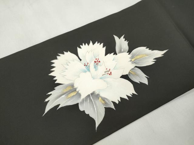 平和屋着物▼塩瀬　九寸名古屋帯　手描き　草花文　黒地　金彩　正絹　逸品　CABL4734dy